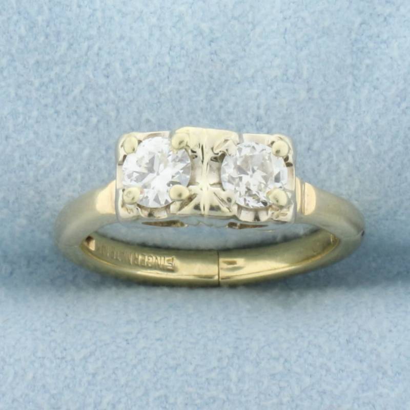 Vintage Zwei Stein Altschliff Diamant Toi Et Moi Ring Mit Dehnbarem Schaft in 14K Gelbgold von LeifJewelryCo