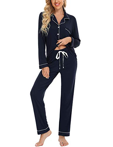 Leikar Button Up Pyjama Set Für Frauen Langarm Shirt und Pyjamahose Weiche Pjs Lounge Sets S-XXL, Marineblau, XL von Leikar