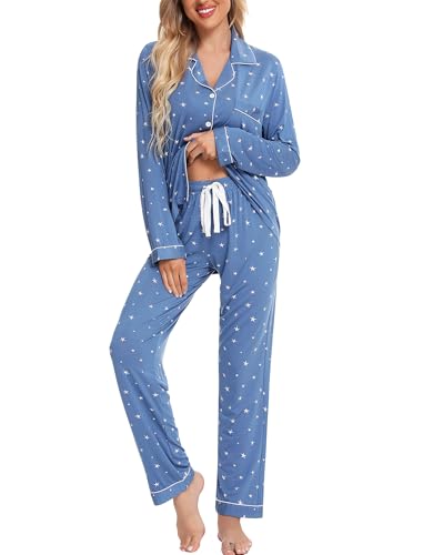 Leikar Pyjama-Set mit Knopfleiste für Damen, langärmeliges Hemd und Pyjamahose, weiche Pyjama-Sets, Blau-weißer Star, S von Leikar