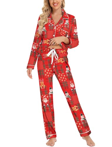 Leikar Pyjama-Set mit Knopfleiste für Damen, langärmeliges Hemd und Pyjamahose, weiche Pyjama-Sets, Weihnachten 2, XL von Leikar