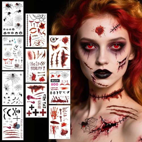 10 Blatt Halloween Tattoos, Karneval Kostüm Halloween Gesicht Tattoo Aufkleber, Zombie Vampir Spinne Hexe Narben Gruselig Fasching Gesichtstattoo, Kinder Erwachsene Gesicht Aufkleber von Leikedun