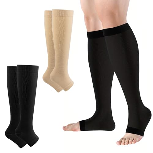 2 Paar Kompressionsstrümpfe Damen & Herren 20-30 mmHg, Compression Socks Lange Kompressionssocken Offene Spitze Stützstrümpfe mit Gradientenkompression für Krampfadern Ödeme Flug Sport Reisen (XXL) von Leikedun