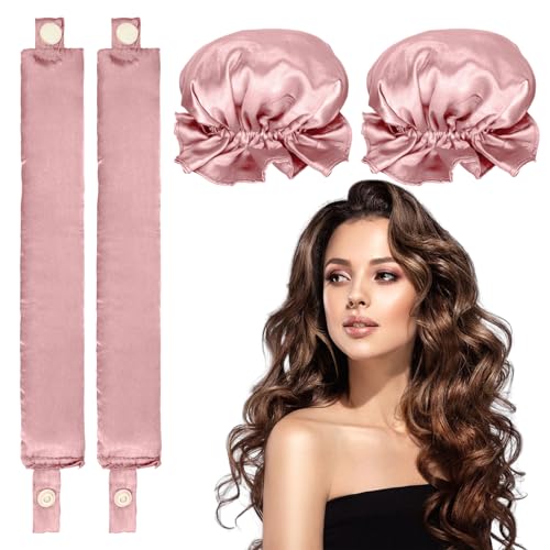 2 Pack Heatless Pink Satin Hair Curler Heatless Curls Headband with Hairnet Heatless Curls Set for Girls Women Sleeping Styling Hairdressing DIY Curlers Hair Tools von Leikedun