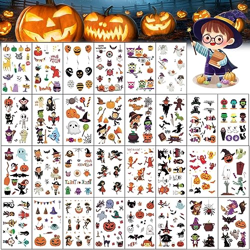 30 Blätter Halloween Kinder Tattoos, Halloween Temporäre Tattoos, Wasserdichte Niedliche Kürbis/Geister/Skelett/Hexen/Spinne Tattoos Aufkleber für Make-up Stützen Halloween Gastgeschenke von Leikedun