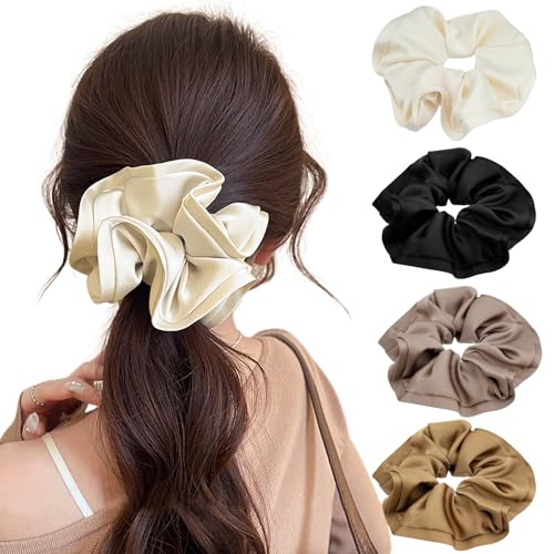 4 große Haargummis aus Satin, Durchmesser 15 cm, großes Gummiband aus Scrunchie, buntes Haargummi für Damen und Mädchen, dickes und feines lockiges Haar von Leikedun