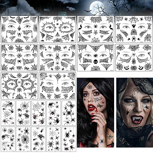 20 Blätter Halloween Gesicht Tattoos Spinne Temporäre Schwarz Spinnen Tattoos Halloween Schminke Tattoo mit Spinnennetz Gesicht Gruselig Aufkleber Wasserdicht für Make-up Stützen Cosplay Mottopartys von Leikedun