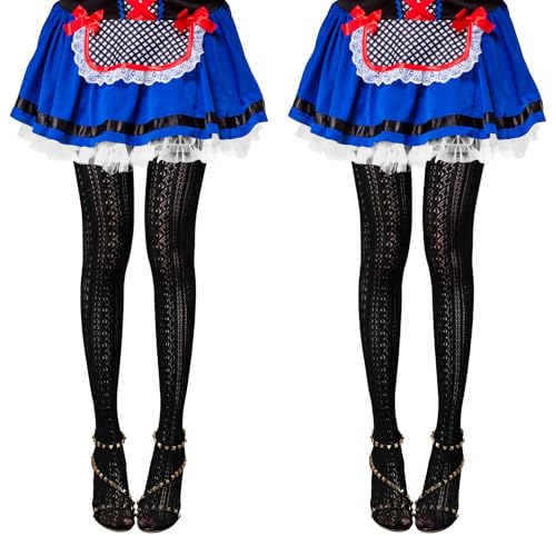 Leikedun 2 Paar Oktoberfest Damen Strumpfhose Weiß/Schwarz Bayerische Trachtenstrümpfe mit Trachten Zopfmuster Tanzstrumpfhose für Oktoberfest Fasching Karneval Mottoparty von Leikedun