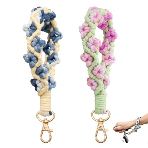 2 Stück Makramee Schlüsselanhänger Handgefertigt, Blumen Schlüsselanhänger für Mädchen, Süßes Gänseblümchen Armband mit Auto Schlüsselbund, Niedliche Tasche Anhänger Charm für Schlüsselbund, Rucksack von Leikedun