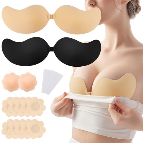 Leikedun 2er Set Klebe BH Push up ohne Träger (A Körbchen), unsichtbarer Selbstklebender BH, Beige/Schwarz, für Hochzeitskleider mit 6 Paar Nippelabdeckungen & 10 x Körperband & Kleidungsband von Leikedun