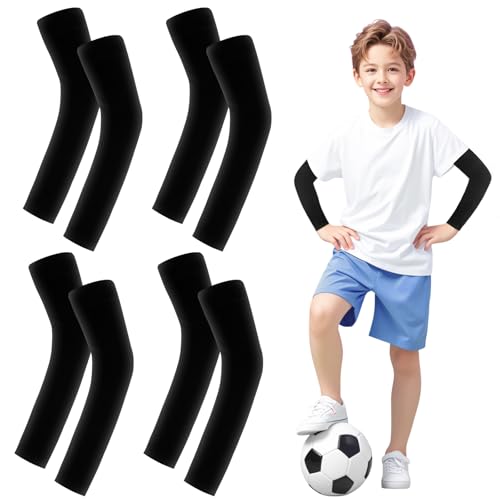 4 Paar UV-Schutz Armlinge Kinder 4-12 Jahre, Kinder Sleeve Arm, Kompressions Armschoner für Volleyball, Gaming & Sport - Atmungsaktive Kühlärmel mit UPF50+ (Schwarz) von Leikedun
