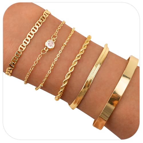 6 Stück Armband Damen Gold 14 Karat Vergoldet Stapelarmbänder, Edelstahl Figaro Perlen Ketten Armbänder, Armband Verstellbar Damen, Modeschmuck Armbander Set Gold Armbander für Frauen Mädchen von Leikedun