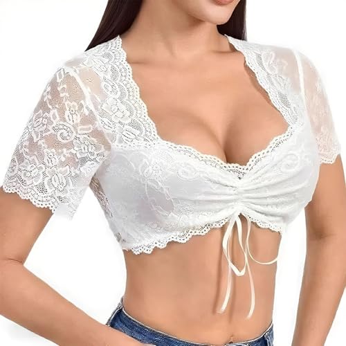 Leikedun Dirndlbluse Damen Spitze | Dirndl Bluse Damen Spitze Weiß - Spitzen Dirndlblusen mit Kordelzug für Oktoberfest & Bayrische Tracht - Kurzarm Trachtenbluse (Größen S/M/L)​ von Leikedun