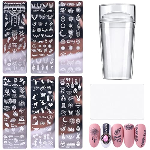 Nail Art Plates, 6 Stück Nagel Stamping Schablonen mit 1 Stück Transparent Stempel, 1 Stück Schaber, Nail Art Stamping Nail Print Stamper Pflanzen- und Tiermotive Maniküre DIY von Leikedun