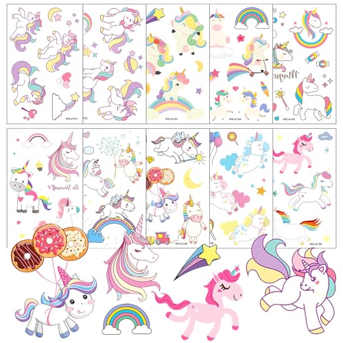 Tattoo Kinder, Temporäre Tattoos für Kinder 10 Blätter, Einhorn Temporäre Tattoo Set, Cartoon Kindertattoos, Wasserdichte Sticker für Mädchen Jungen Kindergeburtstag Mitgebsel Party Dekor Geschenk von Leikedun