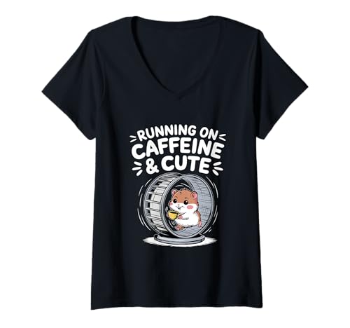 Damen Laufen auf Koffein und niedlicher Hamster T-Shirt mit V-Ausschnitt Damen Laufen auf Koffein und niedlicher Hamster T-Shirt mit V-Ausschnitt von Leilani's Kawaii Clothing