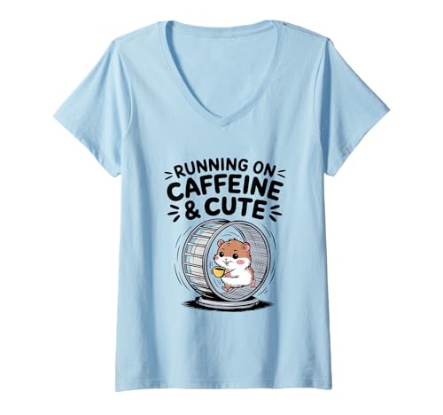 Damen Laufen auf Koffein und niedlicher Kawaii Hamster T-Shirt mit V-Ausschnitt Damen Laufen auf Koffein und niedlicher Kawaii Hamster T-Shirt mit V-Ausschnitt von Leilani's Kawaii Clothing