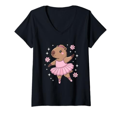 Damen Süße Capybara Ballerina Frauen Mädchen Ballett Tanzliebhaber T-Shirt mit V-Ausschnitt Damen Süße Capybara Ballerina Frauen Mädchen Ballett Tanzliebhaber T-Shirt mit V-Ausschnitt von Leilani's Kawaii Clothing
