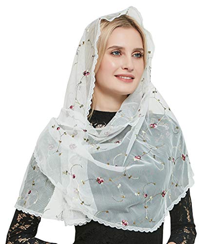 Leimandy Orthodoxer Schleier mit Blumen bestickt Katholische Kapelle Mantilla Voile V50 Elfenbein One Size, Elfenbeinfarbener Schleier, One size von Leimandy