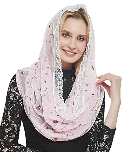 Leimandy Orthodoxer Schleier Kopfbedeckung mit gestickten Blumen Katholische Kapelle Mantilla Schleier V50, Rosa Wickeltuch, One size von Leimandy