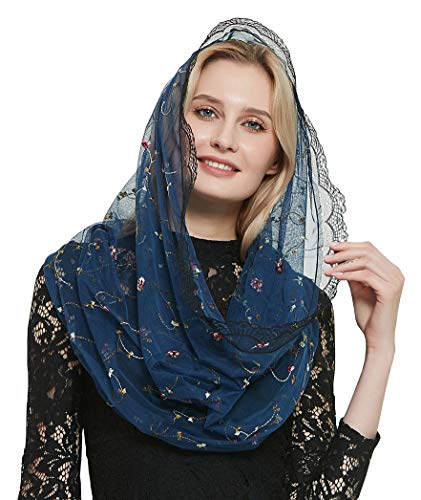 Leimandy Orthodoxer Schleier Kopfbedeckung mit gestickten Blumen Katholische Kapelle Mantilla Schleier V50, Marineblau, One size von Leimandy