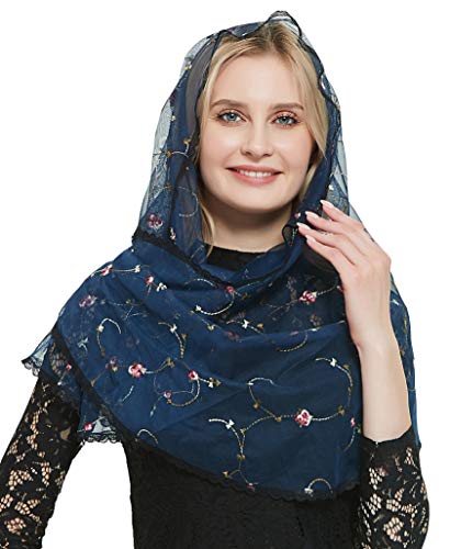 Leimandy Orthodoxer Schleier Kopfbedeckung mit gestickten Blumen Katholische Kapelle Mantilla Schleier V50, Marineblauer Schleier, One size von Leimandy