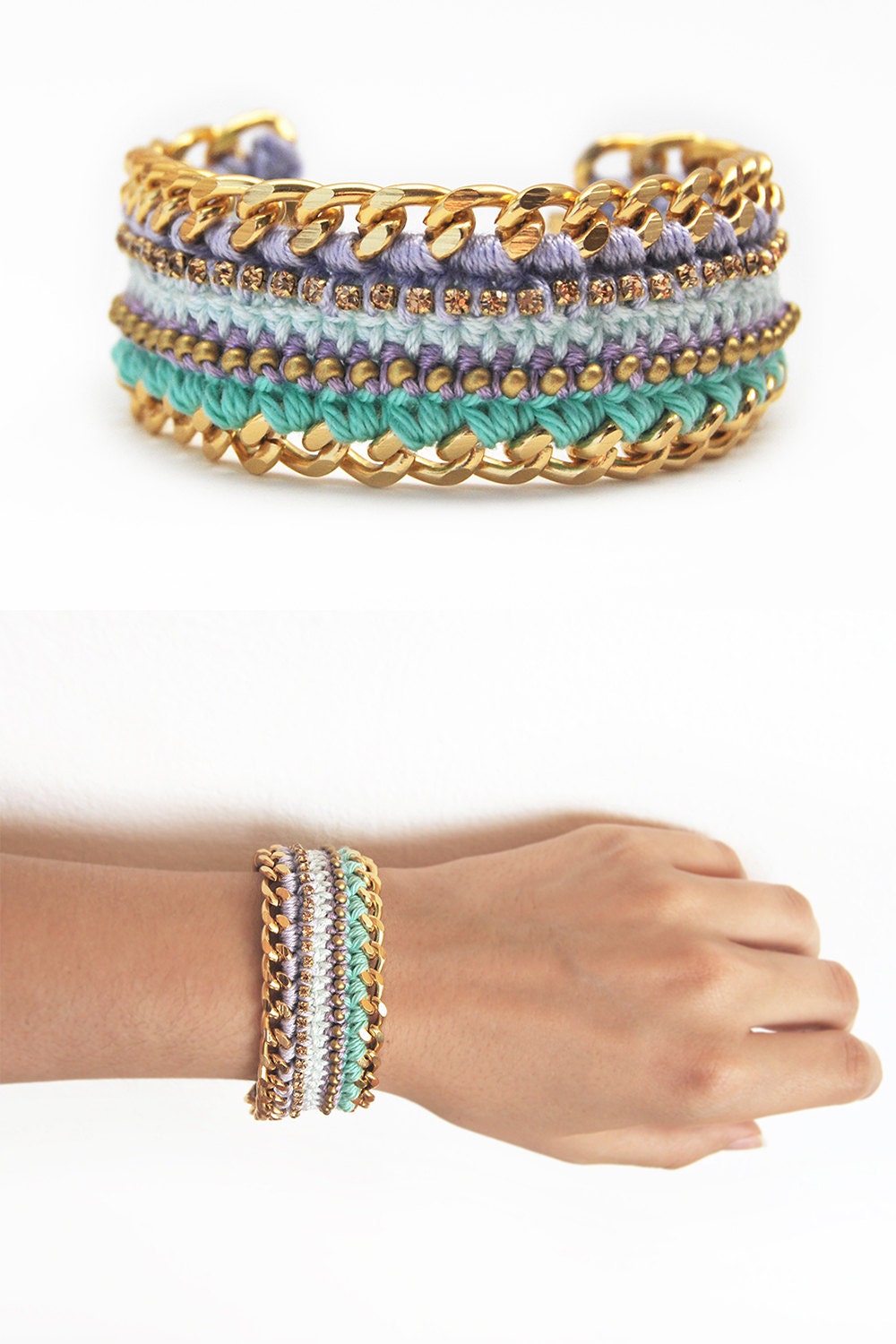 Flieder Und Mint Armband Mit Strasssteinen, Boho Armband, Häkelarmband Chunky Kette Perlen, Statement von LeiniJewelry