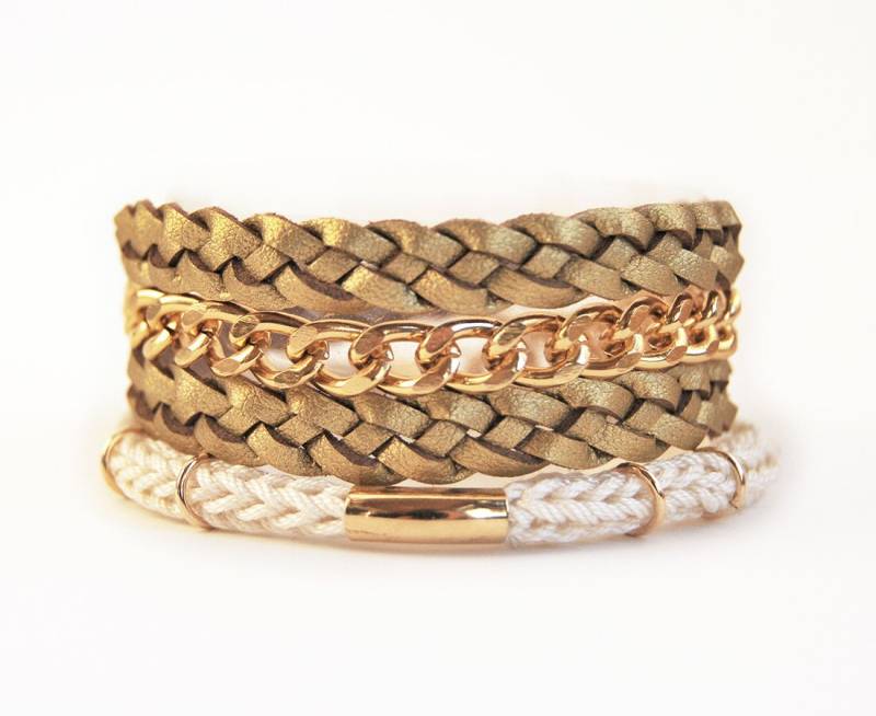 Geflochtene Packung Gold Armband Mit Klobigen Kette, Faux Lederarmband Wrap, Mehrere Wrap von LeiniJewelry