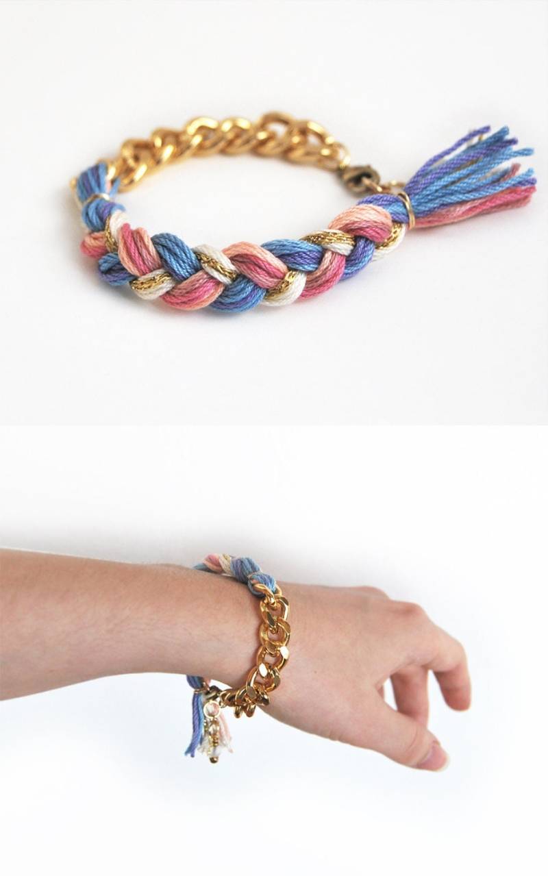 Geflochtenes Armband Mit Chunky Kette in Rosa Und Blau, Süßes Hippie Armband, Kettenarmband von LeiniJewelry