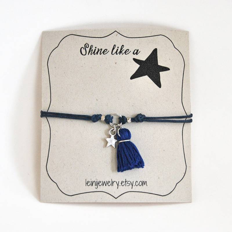 Wunsch-Armband Mit Quaste Charme, Stern Armband, Freundschaft Inspirierende Geschenk Für Sie, Marine Dunkelblau Armband von LeiniJewelry