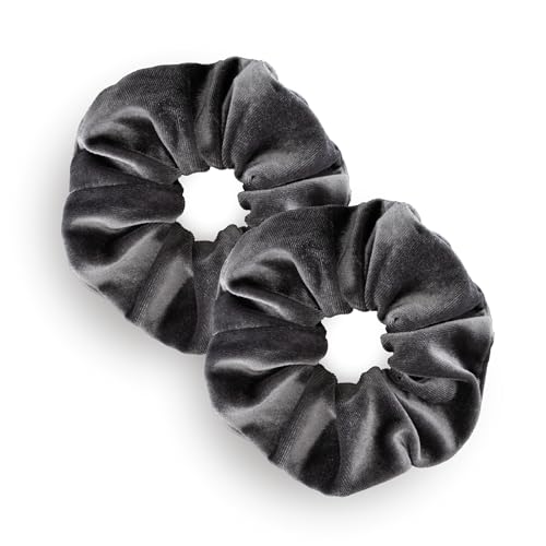 Leirinik Velvet Scrunchie grau anthrazit 2er Pack - 14 cm - hochwertiger Haargummi aus 100% Polyester - Samt Optik für Damen & Mädchen - alle Haartypen - haarschonend von Leirinik