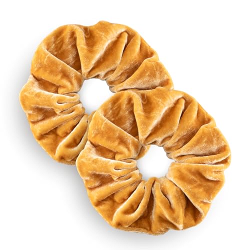 Leirinik Velvet Scrunchie sand ocker 2er Pack - 14 cm - hochwertiger Haargummi aus 100% Polyester - Samt Optik für Damen & Mädchen - alle Haartypen - haarschonend von Leirinik