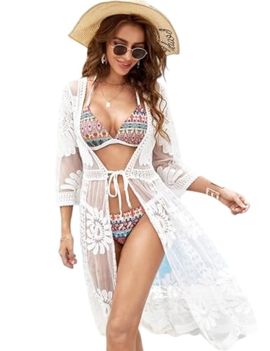 Leisofter Damen Crochet Kimono Cardigan Bikini Cover Up, Sommer Loose Lange Boho Bikini Cover Up, Leichte Frauen Beachwear Bedecken, Strandkleider von Leisofter
