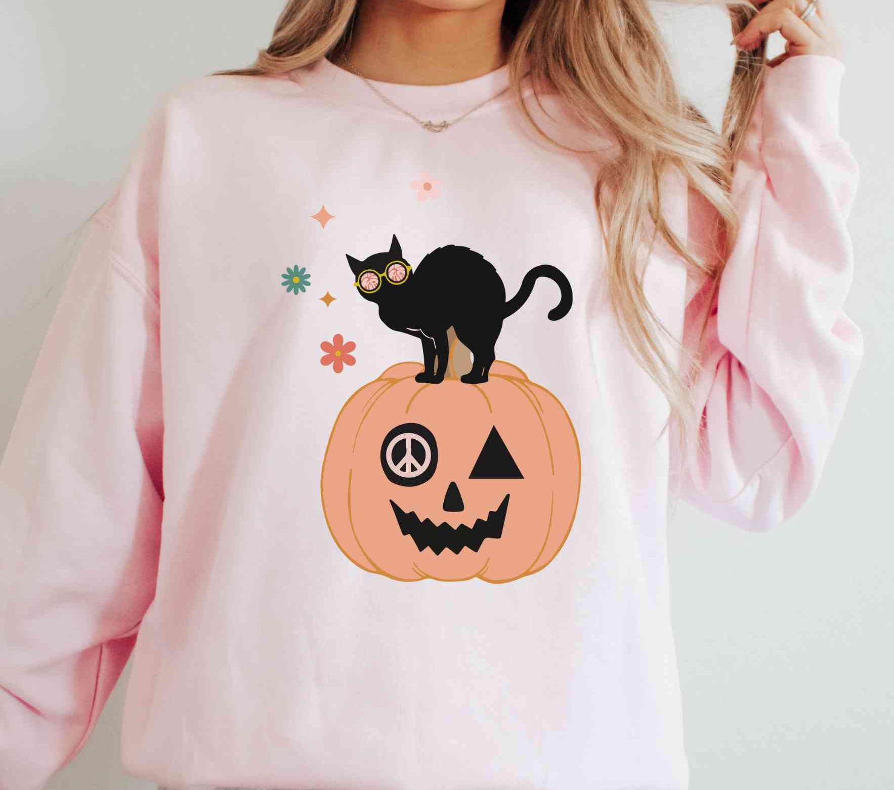 Niedliches Schwarze Katze Halloween Shirt, Es Ist Herbst Y'all, Tis Die Saison Herbst, Trendy Rundhalsausschnitt, Peace Love Cooles Zeug von LeisurelyMoments
