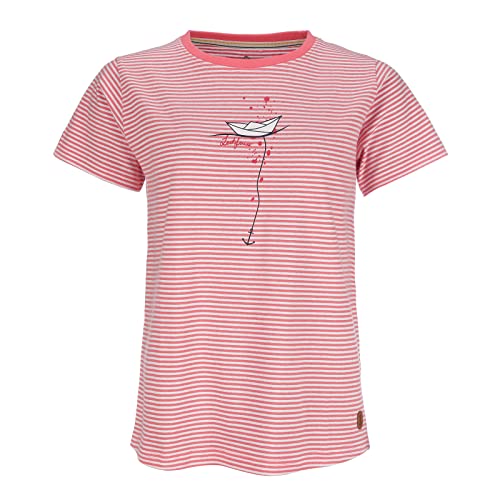 Leitfeuer Damen 1/2 Arm Shirt T-Shirt gestreift mit Papierschiff-Anker-Print - Rundhalsshirt mit Streifen aus Baumwolle in Koralle-Weiß Größe L von Leitfeuer