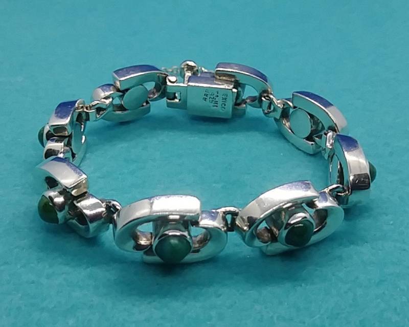 Taxco Sterling Silber Grün Jaspis Armband, Modernist Art Deco von LeizJewelsVintage