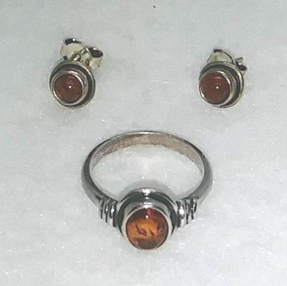 Vintage Bernstein Schmuckset Ring & Ohrring Aus 925 Sterling Silber von LeizJewelsVintage