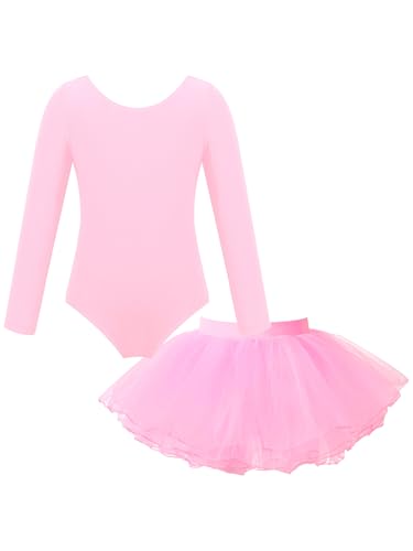 Lejafay Klassisches Ballettkleid Für Mädchen Langarm Gymnastik Trikot Mit Tutu Rock Ballettkleid Eiskunstlaufkleid Ballettkostüm Für 2-14 Jahre Rosa 92-98 von Lejafay