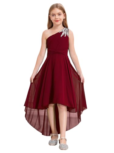 Lejafay Mädchen Festlich Kleid Kinder Elegante Hochzeitskleid Festliches Sommer Party EIN-Schulter Blumenmädchenkleider Kleid Partykleid Burgundy 146-152 von Lejafay