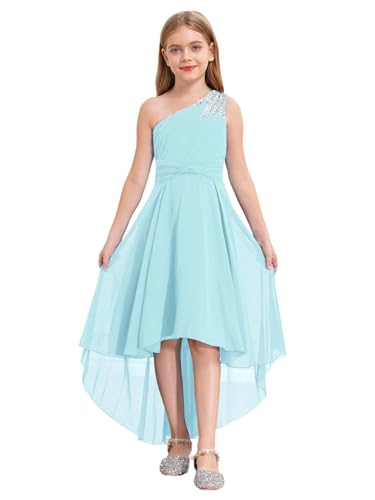Lejafay Mädchen Festlich Kleid Kinder Elegante Hochzeitskleid Festliches Sommer Party EIN-Schulter Blumenmädchenkleider Kleid Partykleid Hellblau 170 von Lejafay