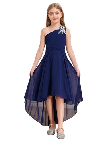 Lejafay Mädchen Festlich Kleid Kinder Elegante Hochzeitskleid Festliches Sommer Party EIN-Schulter Blumenmädchenkleider Kleid Partykleid Navy blau 158-164 von Lejafay
