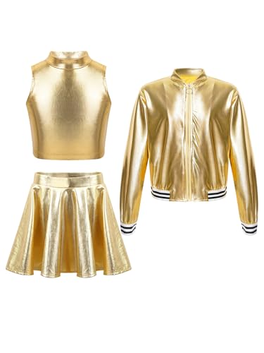 Lejafay Mädchen Glitzer 3Pcs Outfit Metallic Bomberjacke Crop Top Und Skater Kinder Disco Rock Jazz Tanz Party Festival Bekleidungsse Jacke Gold 146-152 von Lejafay
