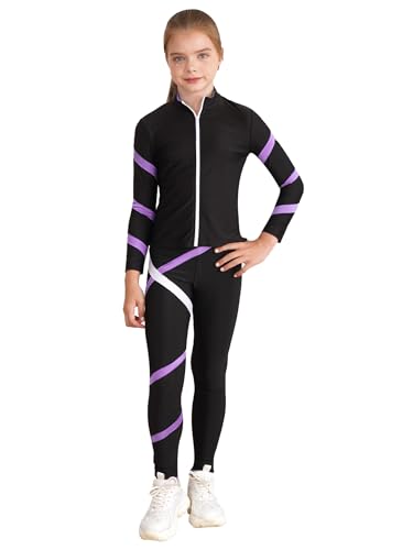 Lejafay Mädchen Tracksuit Kunstlauf Speedanzug Mit Langärmeligem Sweatshirt Reißverschluss Und Eislauf Leggings Gymnastikanzug Hellviolett 158-164 von Lejafay