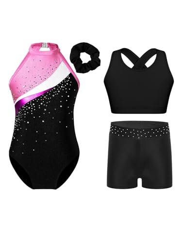 Lejafay Rhythmische Gymnastik Outfit Für Mädchen Set Sportliche Leggings Kurz Und Ärmelloses Rhythmisches Gymnastik Leotard Mit Glitzernden Steinen Und Diadem Rosa 146-152 von Lejafay