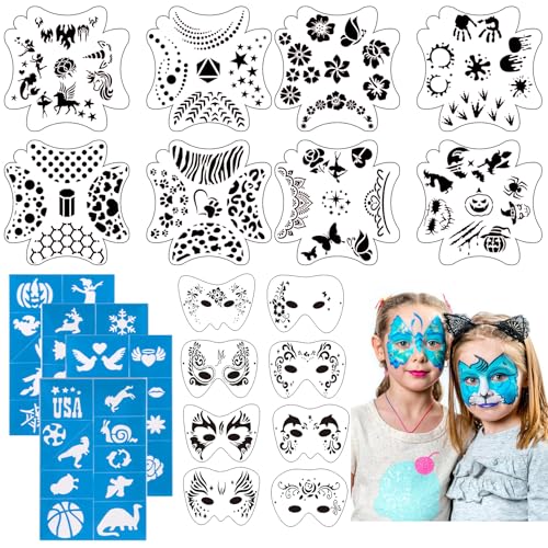 Kinder Gesichtsmalerei Schablone, 20 Stück Gesichtsfarbe Schablonen Kit, wiederverwendbare Gesicht Tattoo & Körper Make up Malvorlagen für Kinder & Erwachsene von Lekabee
