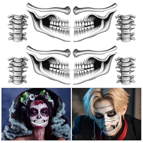 Skelett Mund temporäre Tätowierung,Teufel Gesicht temporäre Tätowierung,halloween Gesicht Aufkleber,Gesicht Tattoos für Männer und Frauen,Horror Make-up,gruselige Gesicht Tattoos von Lekabee