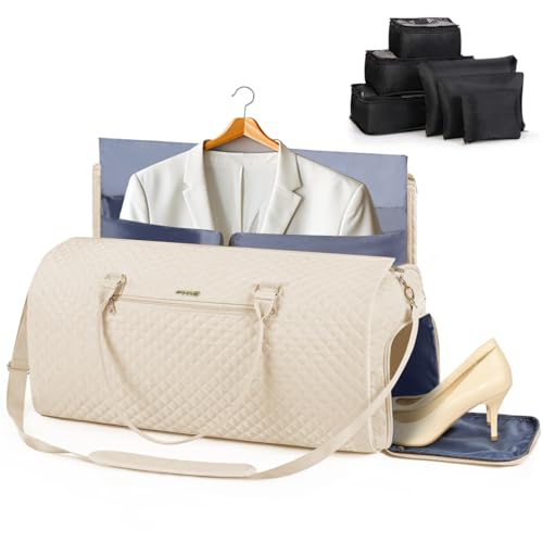 Lekeinchi 2 in 1 Kleidersack Reisetasche Damen, Großer Faltbare Reisetasche Weekender mit 6 Packwürfeln & Schuhfach, Flugzeug Sporttasche Travel Bag Handgepäck Tasche für Weekend, Reise, Gym-Beige von Lekeinchi
