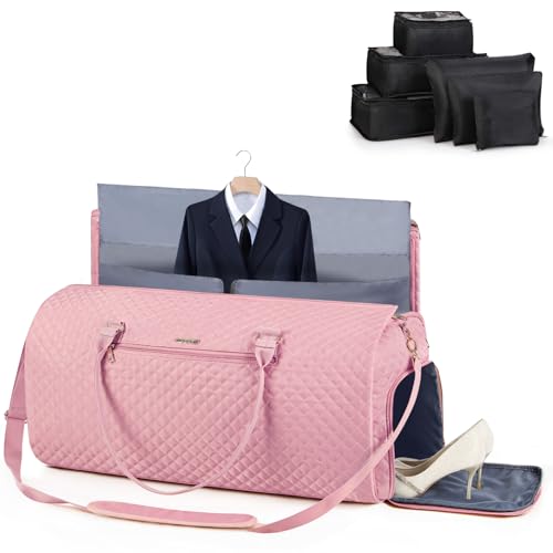 Lekeinchi 2 in 1 Kleidersack Reisetasche Damen, Großer Faltbare Reisetaschen Weekender mit 6 Packwürfeln & Schuhfach, Flugzeug Sporttasche Travel Bag Handgepäck Tasche für Weekend, Reise, Gym-Rosa von Lekeinchi