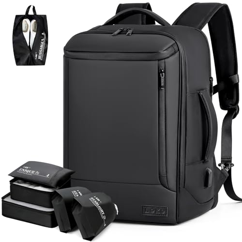 Lekeinchi Handgepäck Rucksack Herren Damen, Wasserdicht Flugzeug Reiserucksack mit 6 Packwürfeln & Separates 17 Zoll Computerfach, Großer Travel Backpack Daypack für Weekender, Reise, Arbeit-Schwarz von Lekeinchi