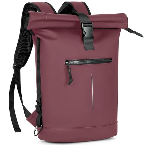 Lekeinchi Rolltop Rucksack Wasserdicht für Damen & Herren, Großer Laptop Rucksack mit Computerfach für 17 Zoll Laptop, Elegant Reiserucksack Daypack für Reisen, Radfahren, Uni Schule-Burgunderrot von Lekeinchi