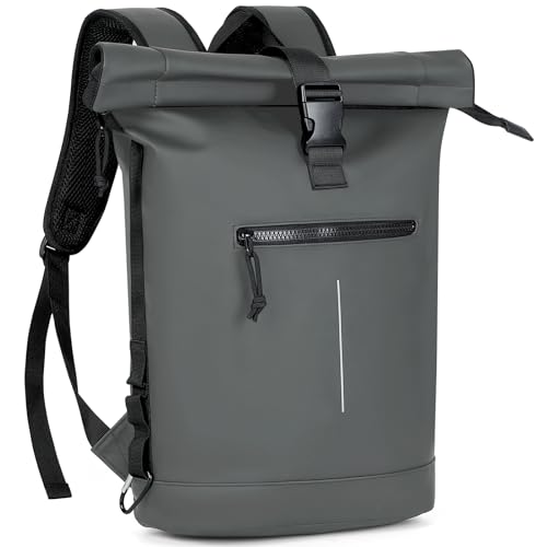 Lekeinchi Rolltop Rucksack Wasserdicht für Damen & Herren, Großer Laptop Rucksack mit Computerfach für 17 Zoll Laptop, Elegant Reiserucksack Daypack für Reisen, Radfahren, Uni Schule-Grau von Lekeinchi